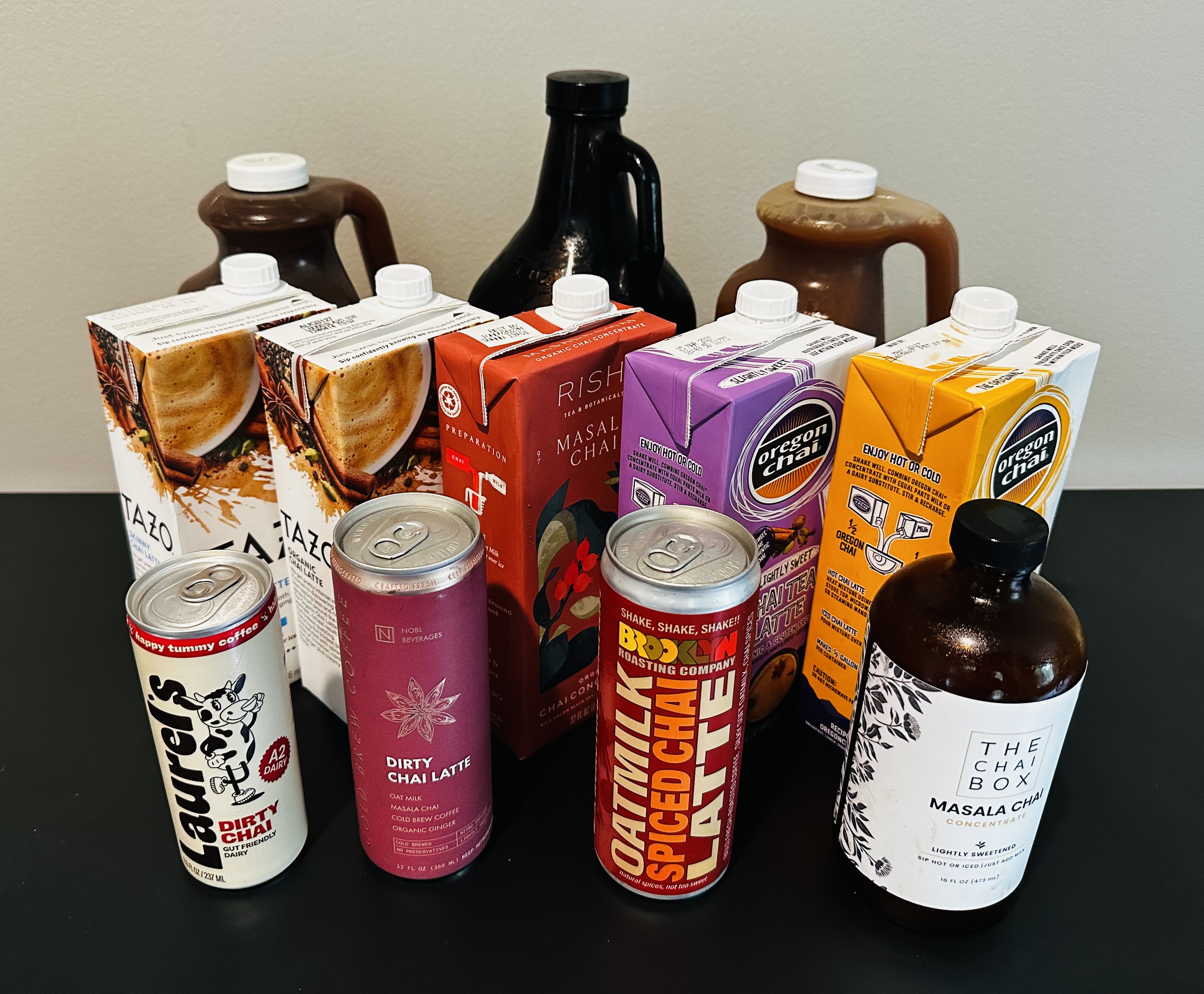 A lineup of competitor chai lattes and concentrates Chris taste-tested while hunting for a chai he could count on